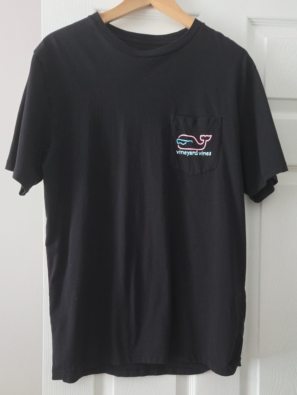 Vineyard Vines Black Short Sleeve Pocket Tee with Neon Whale